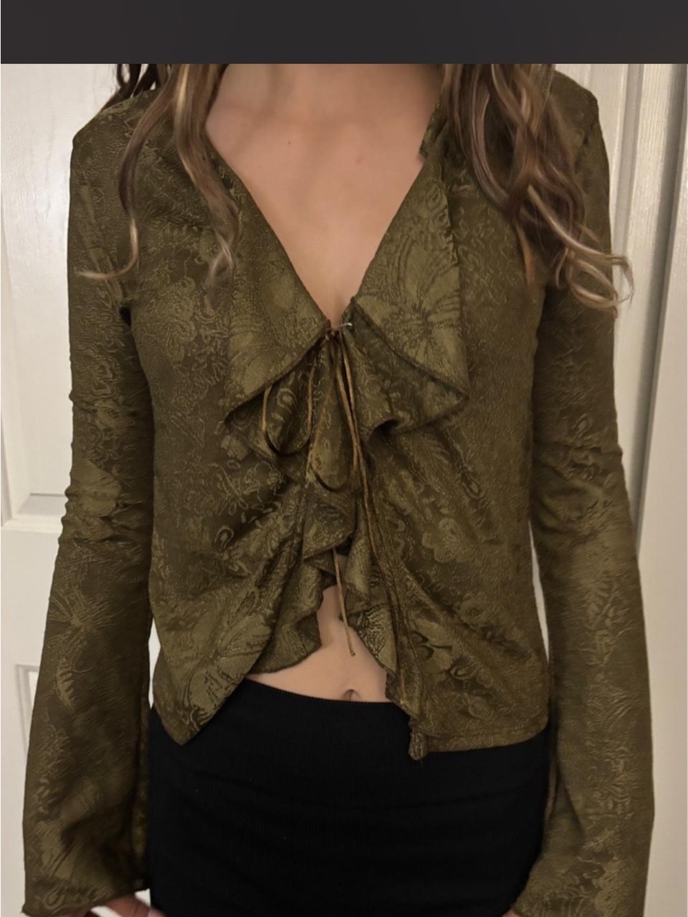 Zara Olive Green Ruffle Tie-Front Blouse - Women Tops